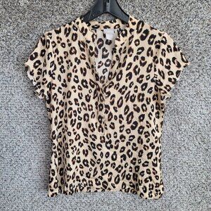 Chicos Top Womens 0 US Small Brown Animal Print Satin Short Sleeve Blouse V Neck